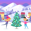 Vector clipart: Happy Children on Icerink near Christmas Tree