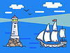 Vector clipart: Banner Depicting Lighthouse and Ship at Sea