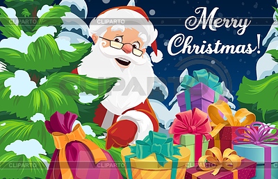 Weihnachtsmann mit Weihnachtsbaum und Geschenkboxen | Stock Vektorgrafik |ID 6947758