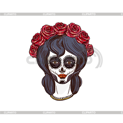 Calavera de mujer con cabello largo decorado con flores | Ilustración vectorial de stock |ID 6998843