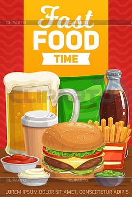 Menú de hamburguesas de comida rápida, bebidas y aperitivos. | Ilustración vectorial de stock |ID 7034112