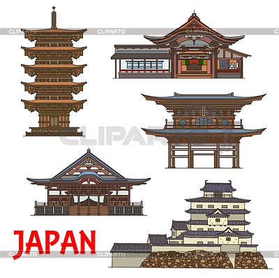 Templos japoneses y castillo, puntos de referencia de viajes | Ilustración vectorial de stock |ID 7038464