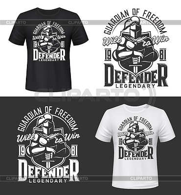 Impresión de camiseta con caballero y espada, maqueta | Ilustración vectorial de stock |ID 7081839