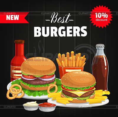 Cartel de comida rápida de hamburguesas y snacks combinados. | Ilustración vectorial de stock |ID 7086523