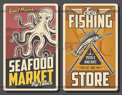 Cartel de mercado de mariscos y tienda de pesca. | Ilustración vectorial de stock |ID 7095941