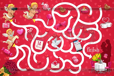 Juego de laberinto para niños con cupidos de San Valentín, pareja | Ilustración vectorial de stock |ID 7111477