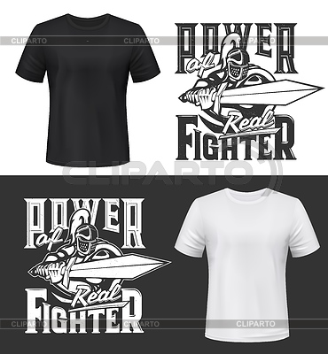 Camiseta estampada con maqueta de caballero y espada | Ilustración vectorial de stock |ID 7125376