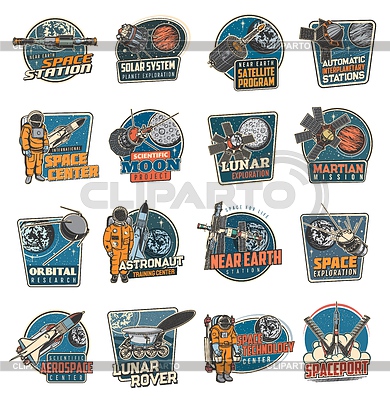 Galaxy and space discovery icons, emblems | Stock Vector Graphics |ID 7194696