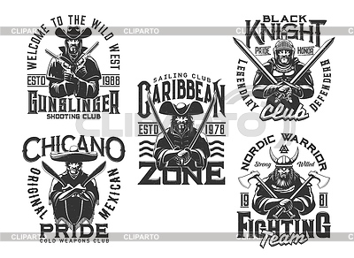 Estampado de camiseta pirata, caballero guerrero y salvaje oeste | Ilustración vectorial de stock |ID 7197535