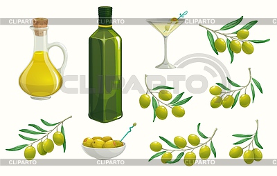 Aceitunas verdes y aceite, comida griega, italiana | Ilustración vectorial de stock |ID 7263043
