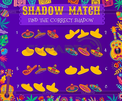 Sombrero mexicano hat shadow match riddle game | Ilustración vectorial de stock |ID 7294584