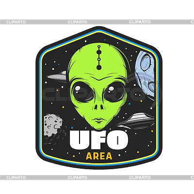 Ícono de área OVNI o pegatina con cara alienígena verde | Ilustración vectorial de stock |ID 7303407