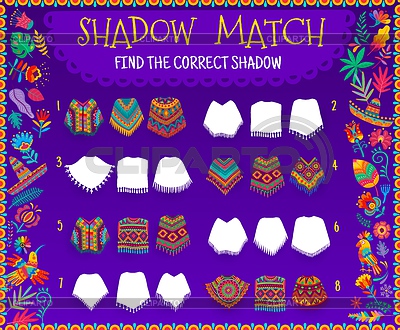 Juego de adivinanzas para niños Shadow Match con poncho mexicano | Ilustración vectorial de stock |ID 7319067