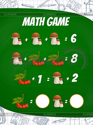 Champignons und Rowanberry-Mathe-Spiel-Arbeitsblatt | Stock Vektorgrafik |ID 7341402