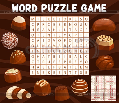 Caramelos de chocolate, juego de rompecabezas de búsqueda de palabras de dulces | Ilustración vectorial de stock |ID 7351488