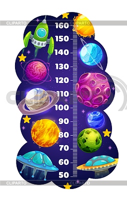 Tabla de altura para niños con planeta espacial y nave espacial | Ilustración vectorial de stock |ID 7353060