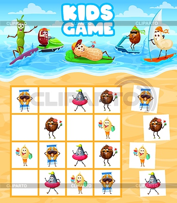 Juego de Sudoku para niños con personajes en la playa de verano | Ilustración vectorial de stock |ID 7364459