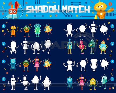 Hoja de trabajo del juego Shadow match kids, robots de dibujos animados | Ilustración vectorial de stock |ID 7364580