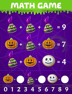 Dulces y caramelos de Halloween en el juego de matemáticas para niños | Ilustración vectorial de stock |ID 7388608