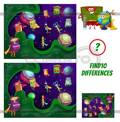 Encuentra diez diferencias juego con superhéroe escolar | Ilustración vectorial de stock |ID 7388904