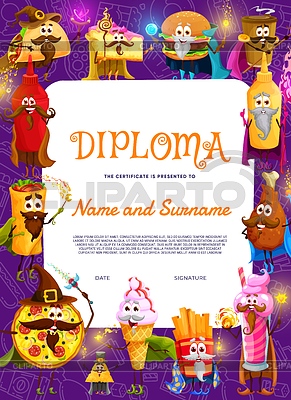 Diploma para niños, personajes de magos de dibujos animados de comida rápida | Ilustración vectorial de stock |ID 7389436