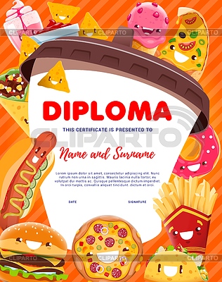 Diploma para niños con personajes de dibujos animados de comida rápida | Ilustración vectorial de stock |ID 7389969