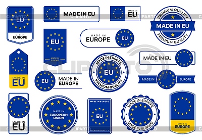 Hecho en la UE, iconos de calidad de Europa, etiquetas con bandera | Ilustración vectorial de stock |ID 7411695