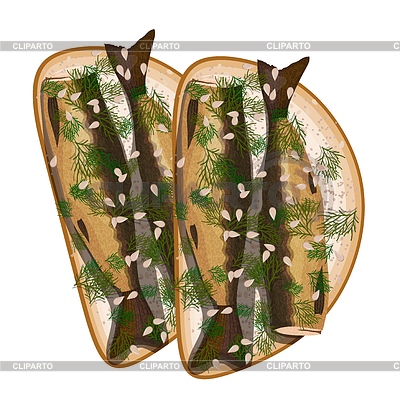 Sándwich con espadines y eneldo. Comida rápida | Ilustración vectorial de stock |ID 6747571