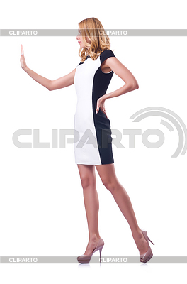 Woman pushing away virtual obstacle | High resolution stock photo |ID 3901682