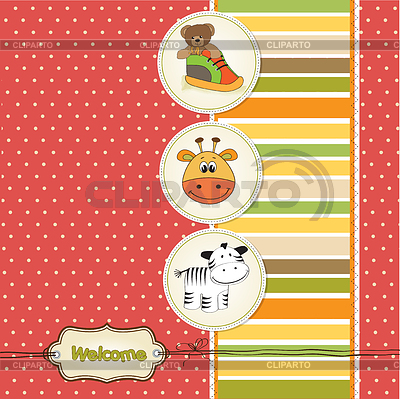 Bebé de nacimiento tarjeta con juguetes | Ilustración vectorial de stock |ID 3733549
