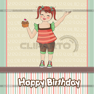 Cumpleaños tarjetas de felicitación con la muchacha y la magdalena grande | Ilustración vectorial de stock |ID 3734678