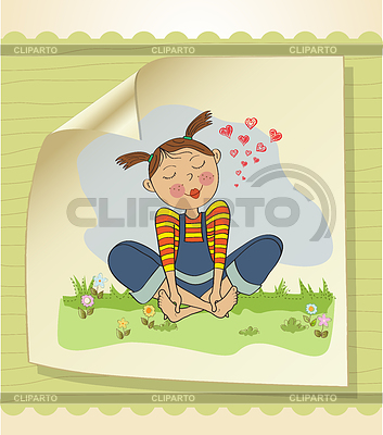 Chica romántica sentada descalza en la hierba | Ilustración vectorial de stock |ID 3758416