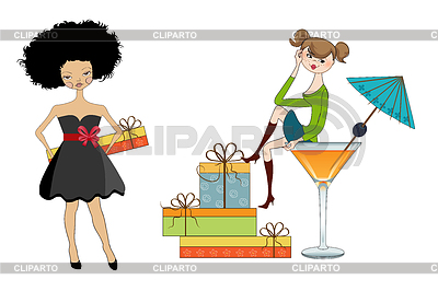 Conjunto de dos chicas jóvenes felices con regalos | Ilustración vectorial de stock |ID 3759820