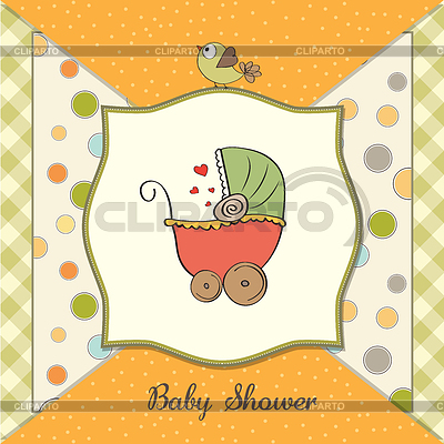 Delicado bebé tarjeta de de nacimiento con cochecito de niño | Ilustración vectorial de stock |ID 3764238