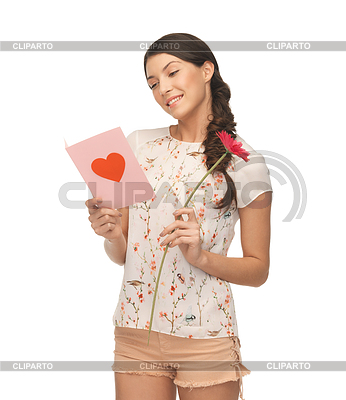 Young woman holding flower and postcard | High resolution stock photo |ID 3927239