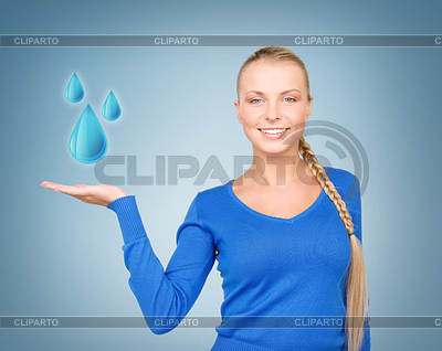 Frau zeigt blaue Wassertropfen | Foto mit hoher Auflösung |ID 3928345
