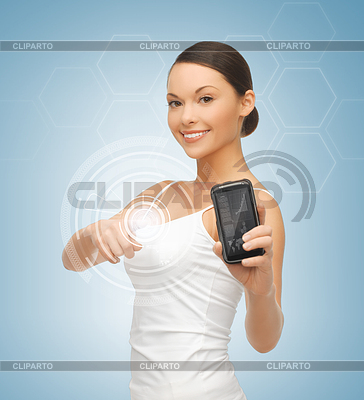 Woman showing smartphone with app | High resolution stock photo |ID 3929062