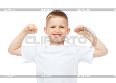 Little boy in blank white t-shirt showing muscles | High resolution stock photo |ID 4546899