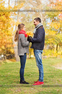 Smiling couple with bunch of leaves in autumn park | High resolution stock photo |ID 4567806