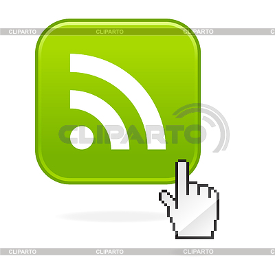 Botón verde brillante con simbolo web rss y cursor de la mano | Ilustración vectorial de stock |ID 3725461