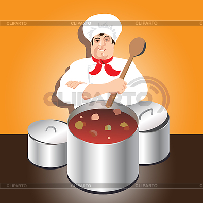 Chef prepara sopa caliente en la sartén | Ilustración vectorial de stock |ID 6939103