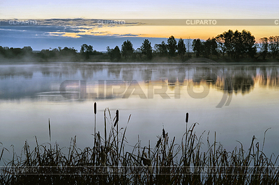 Paisaje de la mañana con la salida del sol sobre el agua en la niebla | Foto de alta resolución |ID 5351010