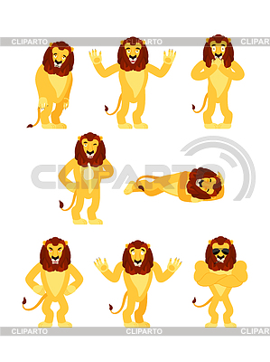 León establece poses y movimiento. Animal salvaje feliz y | Ilustración vectorial de stock |ID 6455117