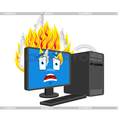 Fuego de la computadora. ardiente computadora estilo de dibujos animados. dat | Ilustración vectorial de stock |ID 6824981
