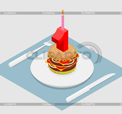 Hamburguesa de cumpleaños de 1 año. Número uno con una vela. | Ilustración vectorial de stock |ID 6101900