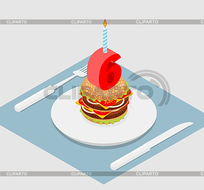 6 años hamburguesa de cumpleaños. El número seis con la vela. | Ilustración vectorial de stock |ID 6101916